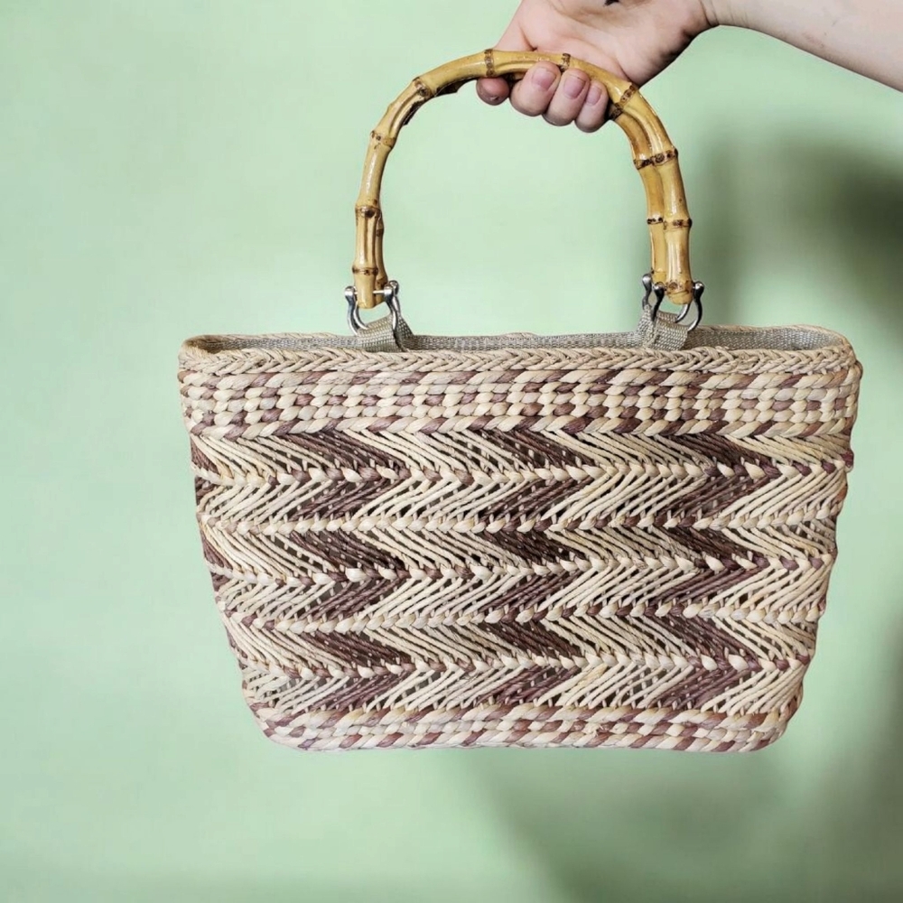 Summer Rattan Wicker Natural Handbag Bamboo Handles Chevron Cornhusk‎ Horsebit